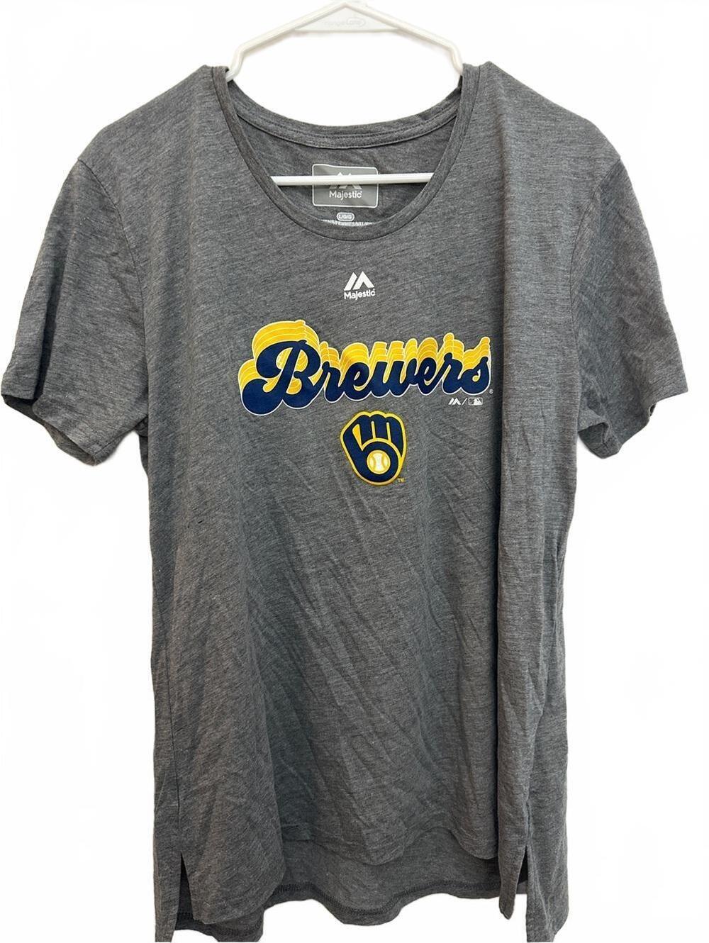 Majestic Gray Brewers Script Tee with Navy and Yellow Logo